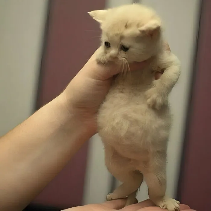 A tiny kitten being held upright, looking surprised, providing a moment of laughter.