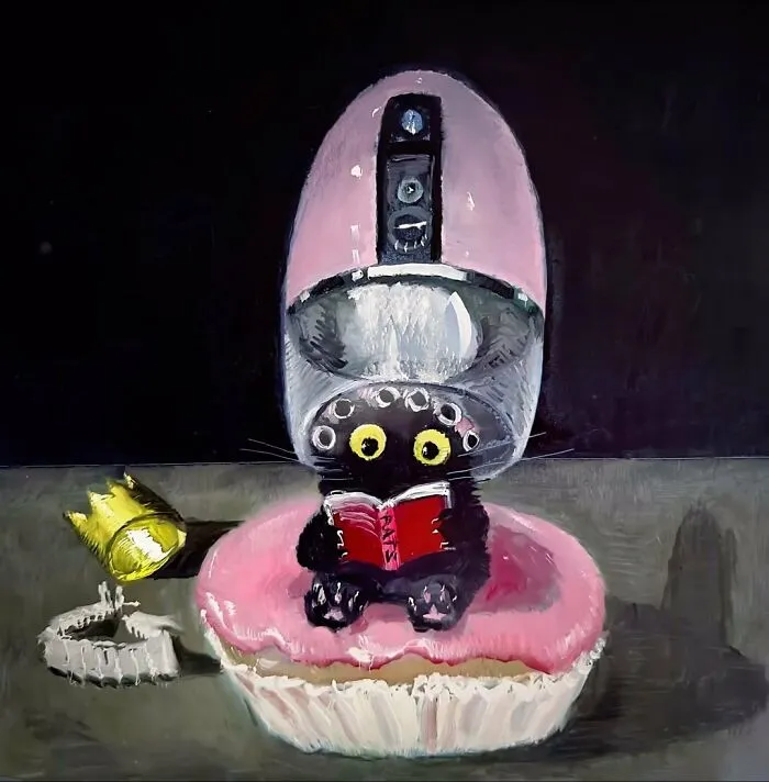 44 Humorous Paintings Of Black Cats Being Chaotic In Various Settings Painted By This Artist