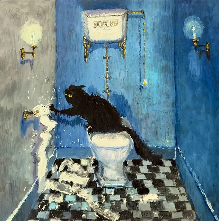 44 Humorous Paintings Of Black Cats Being Chaotic In Various Settings Painted By This Artist