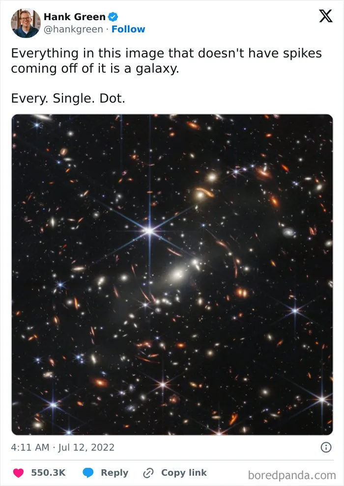 Tweet about galaxies, showcasing a vast cosmic field filled with countless bright, distant galaxies.