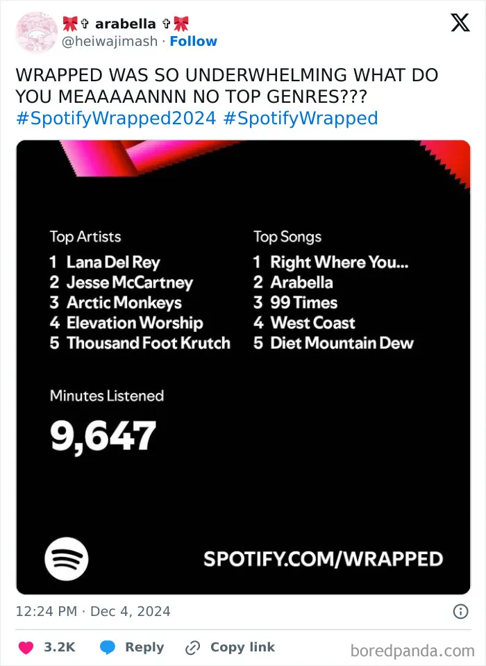 Spotify Wrapped 2024 results featuring top artists and songs, with user expressing disappointment in the content.