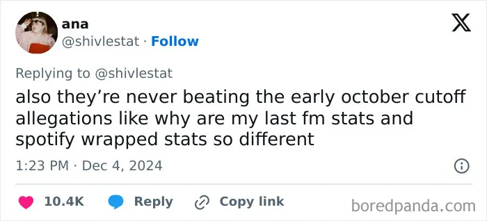 Tweet expressing disappointment with Spotify Wrapped 2024 stats differing from Last.fm stats.