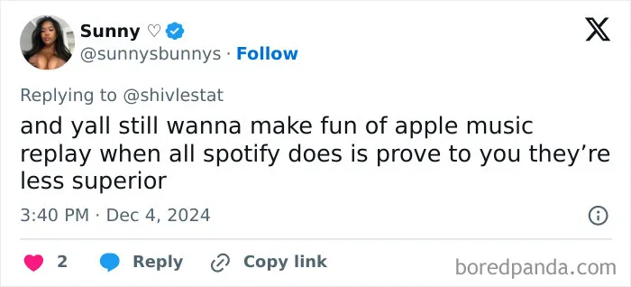 Tweet reacting to Spotify Wrapped 2024, expressing disappointment compared to Apple Music Replay.
