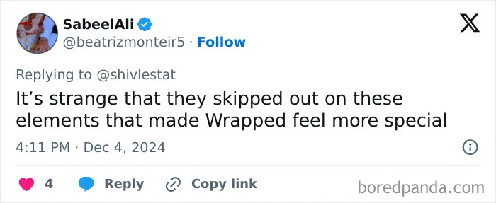 Tweet expressing disappointment over Spotify Wrapped 2024, mentioning missing special elements.
