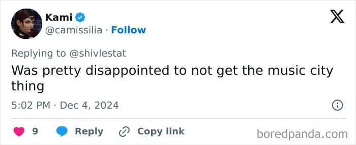 Tweet expressing disappointment with Spotify Wrapped 2024, mentioning missing the "music city thing."