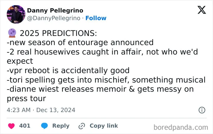 Tweet with 2025 predictions about TV shows and celebrity news.