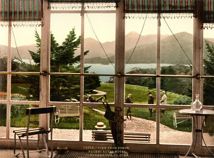 View from porch of Roche's Royal Hotel, showcasing scenic landscape in one of the oldest color photos from 100 years ago.