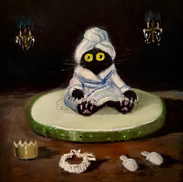44 Humorous Paintings Of Black Cats Being Chaotic In Various Settings Painted By This Artist