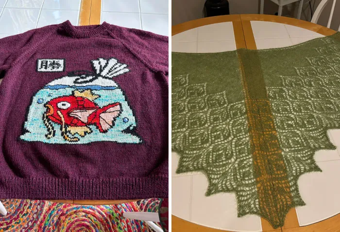 Hand-knitted red fish sweater and green lace shawl on a table, showcasing wholesome Christmas crafts.