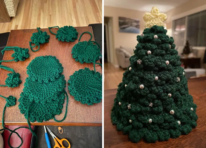 Before My Grandma Passed Away Last Year, She Gave Me All Her Yarn And Crochet Hooks. I’ve Been Trying To Find Creative Ways To Use Her Yarn - Just Finished Making This Tiny Christmas Tree 🎄 In Her Memory