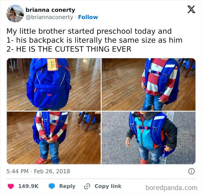 Preschool child with oversized blue backpack, creating a wholesome moment on hardwood floor.