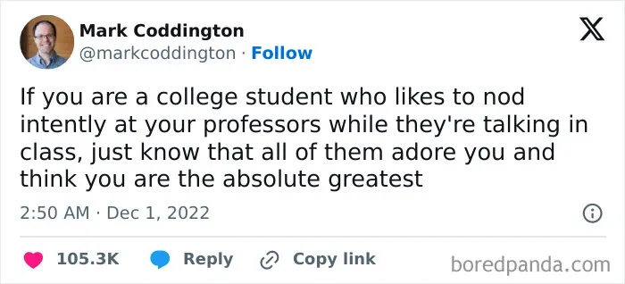 Wholesome tweet appreciating college students who nod during classes, expressing admiration from professors.