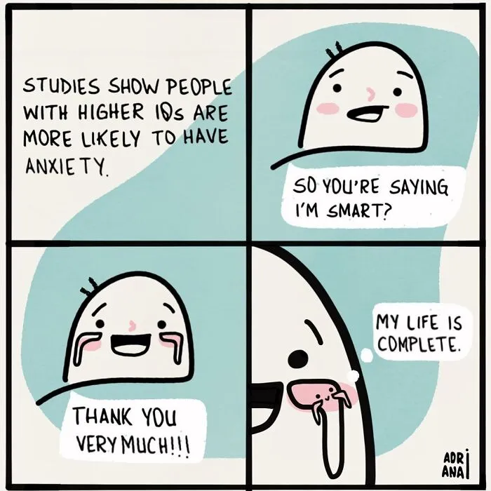 Comic strip illustrating irony with characters discussing intelligence and anxiety.