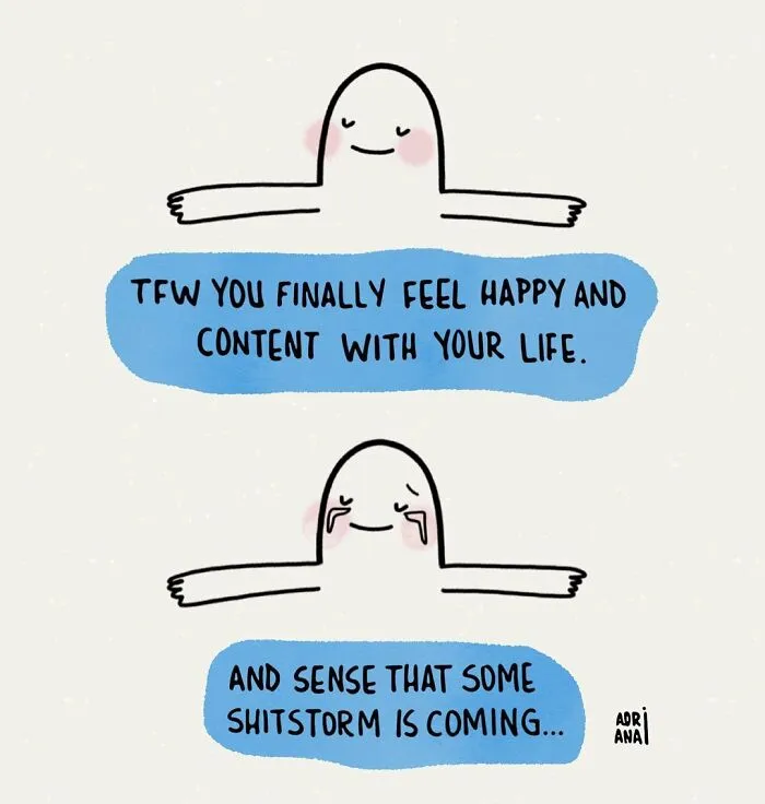 Illustration of a smiling character, arms wide, with ironic text about life's unpredictability by an artist.
