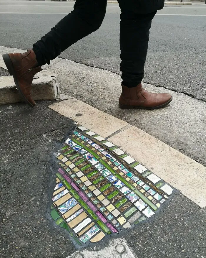 Artist Mends Cracked Sidewalks, Potholes, And Buildings Using Vibrant Mosaics (30 New Pics)