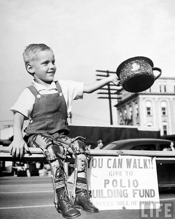 David Henseley, Young Child Crippled By Polio With Both Legs In Braces, Soliciting Funds In Public Fundraising Driver For A New Polio Hospital, 1948
