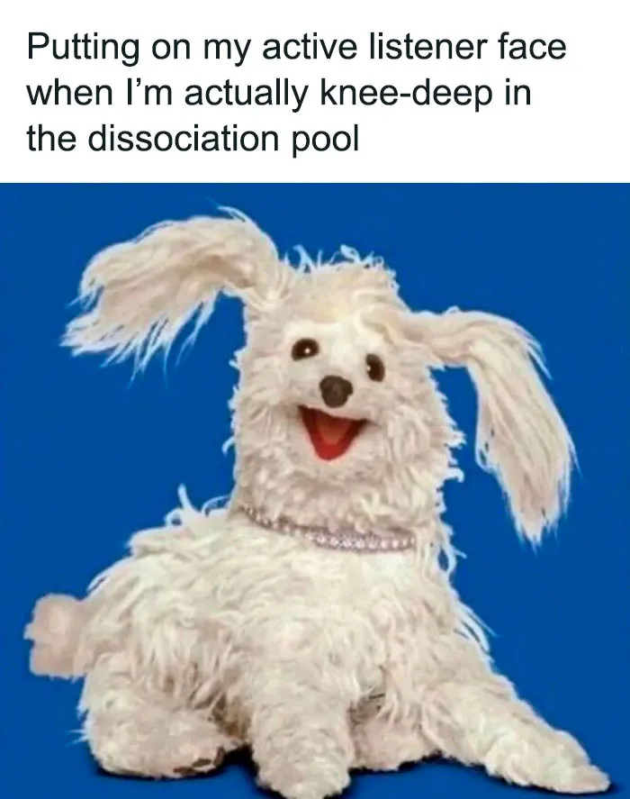 Fluffy dog meme depicting relatable mental health humor on dissociation, features text about active listening.