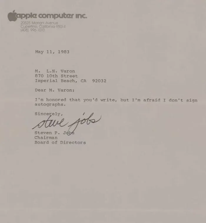 Steve Jobs Typed A Letter To A Fan Who Had Requested An Autograph From Him, Stating That He Does Not Give Out Autographs