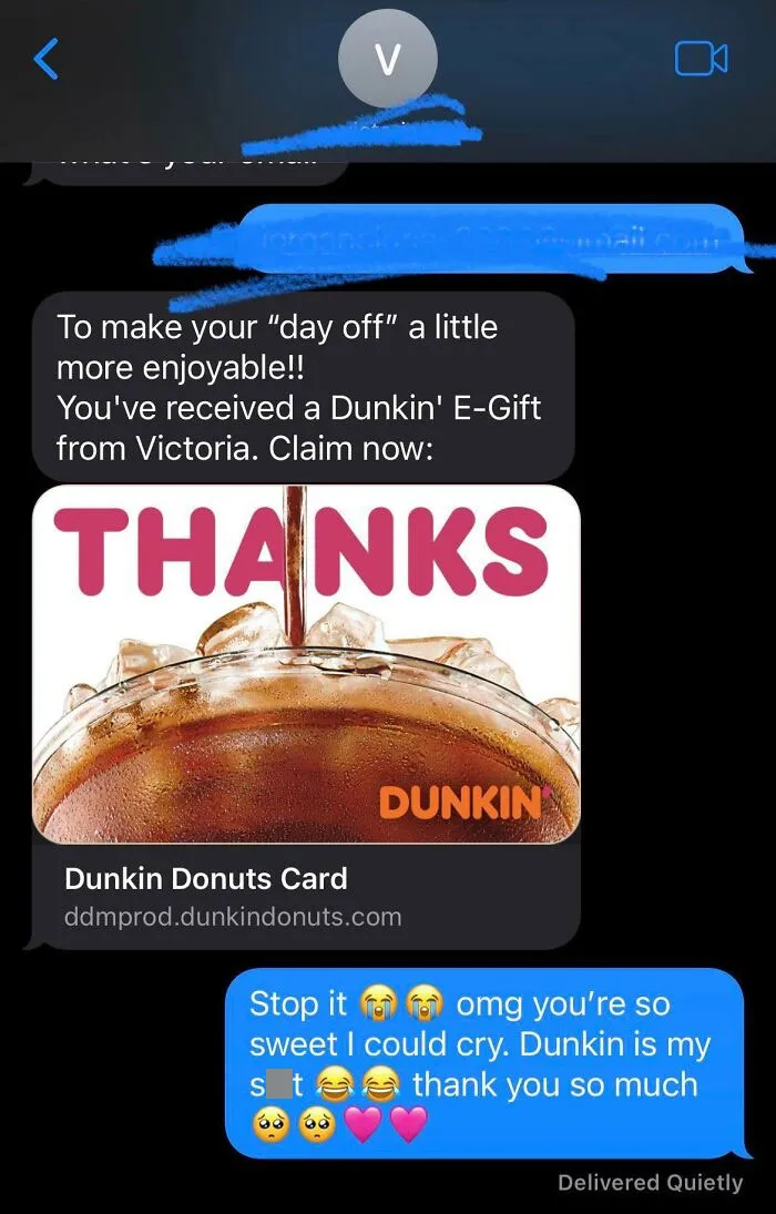 Text message exchange about receiving a Dunkin' E-Gift, showcasing a thoughtful, funny boss interaction.
