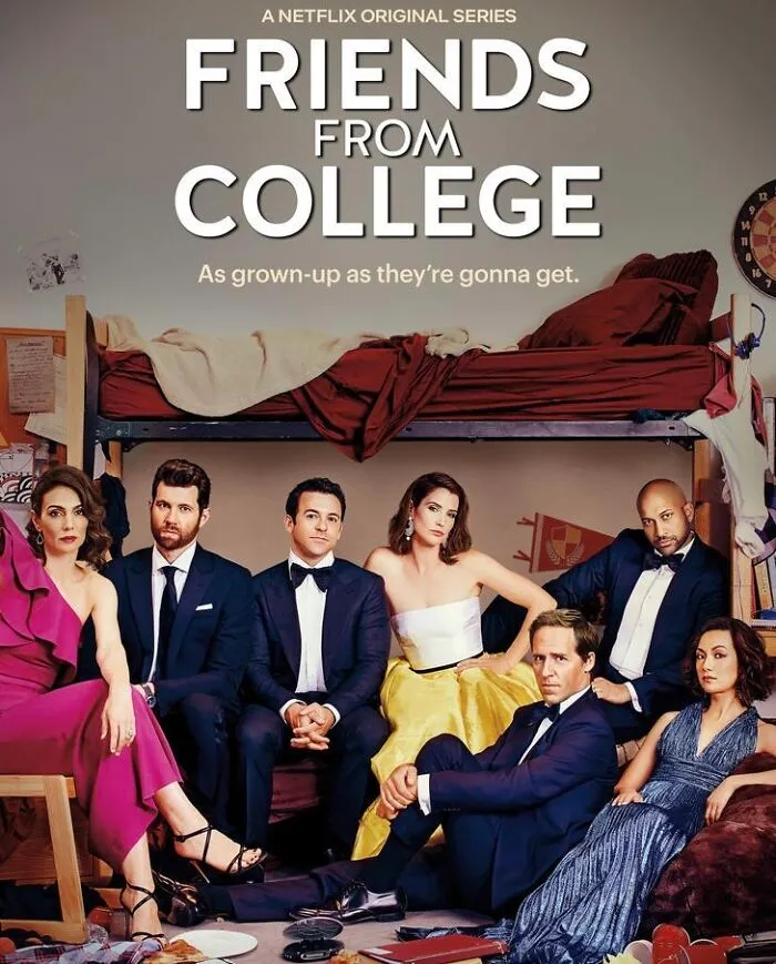 "Promo image for 'Friends from College', featuring main cast sitting in a cluttered room."