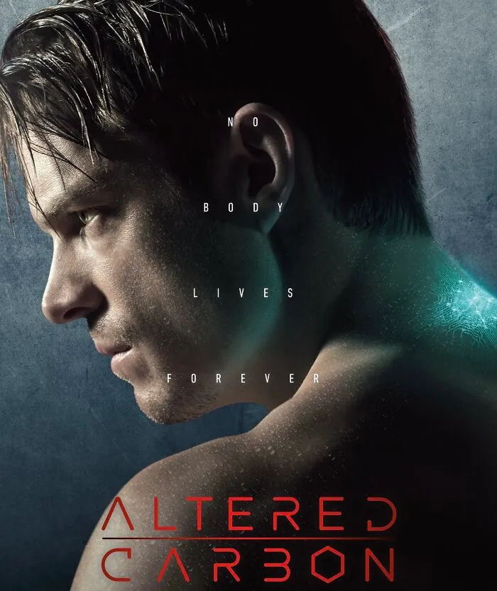 Altered Carbon poster with a man looking left, highlighting its theme of technology and identity.