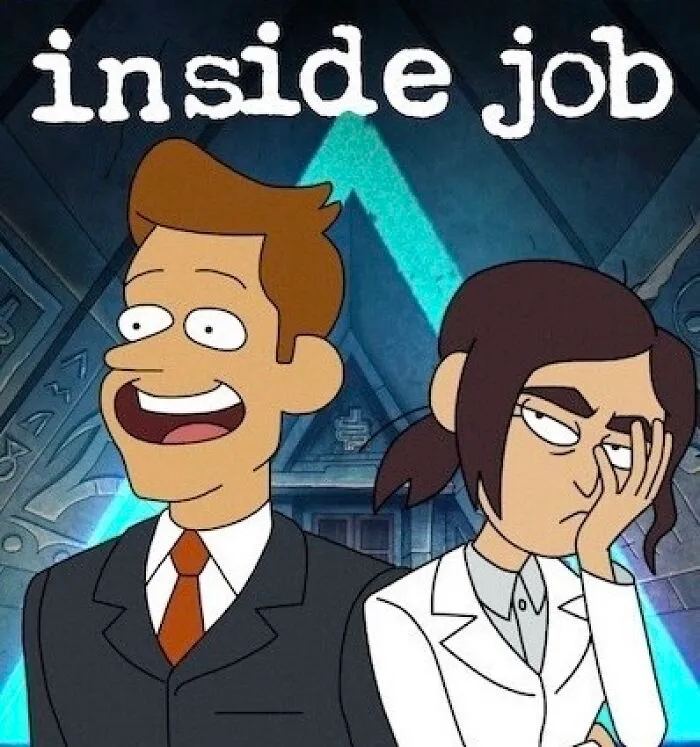 "Animated characters from 'Inside Job' on a likely canceled TV show poster."