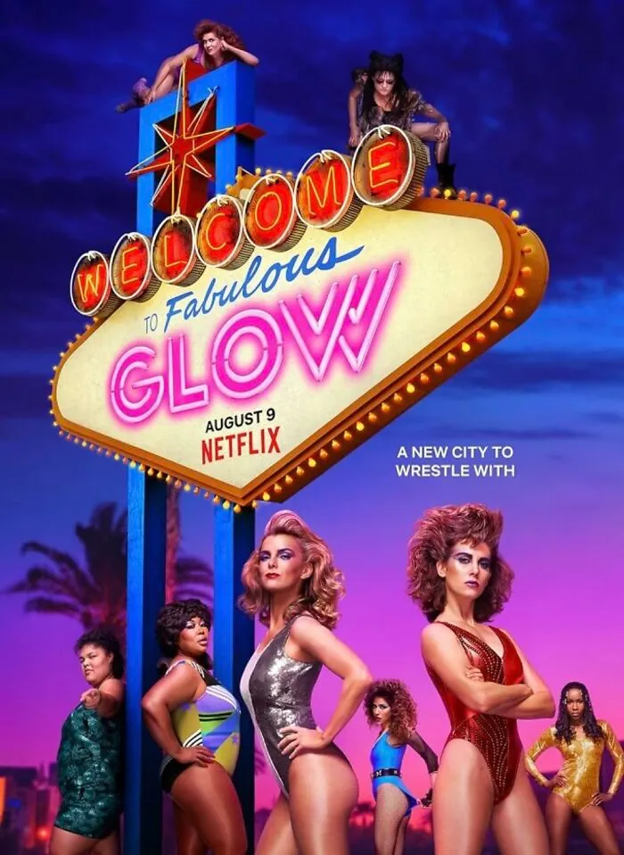 Poster for the TV show "GLOW" featuring characters posing dramatically, related to canceled shows.