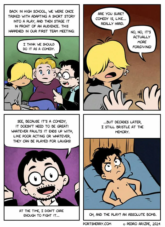 Comic strip from "Port Sherry" by Pedro Arizpe about a school play; characters discuss comedy in a humorous setting.