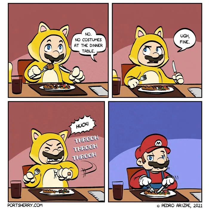 Comic strip by Pedro Arizpe featuring a character in a cat costume and Mario costume at a dinner table.
