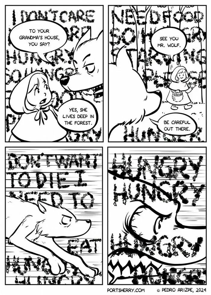 Comic strip by Pedro Arizpe featuring Little Red Riding Hood and the wolf, with background text showing the wolf's thoughts.