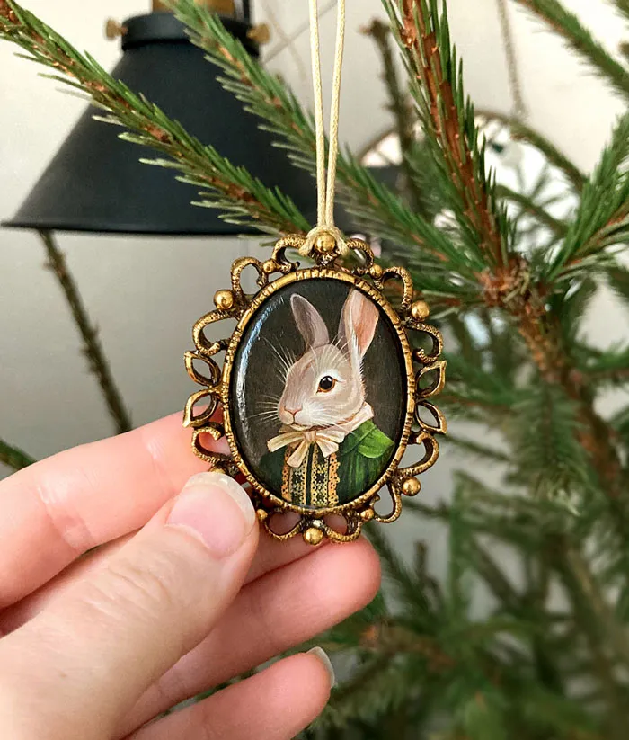 Tiny Rabbit Portrait I Painted Recently. It Can Be Used As A Brooch, A Miniature Painting Or A Christmas Tree Ornament