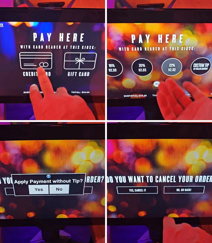 Bowlero - Default 22% Tip. Canceling Order Then Tries To Get Your Business By Giving The Option For No Tip. Then Asks Again To Confirm If You Are Cancelling Order