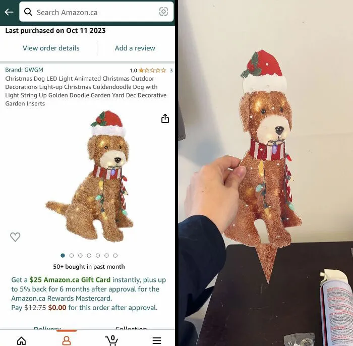 A small, unimpressive Christmas dog decoration highlights disappointing gifts.