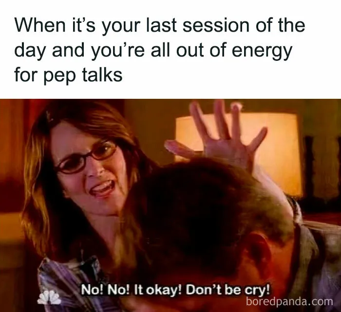 A humorous therapy meme showing a woman trying to comfort a man during a final session, embracing both exhaustion and humor.