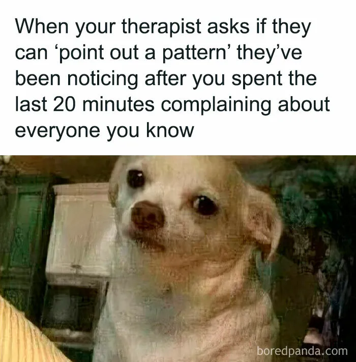 Funny therapy meme with a confused dog when therapist points out a pattern.