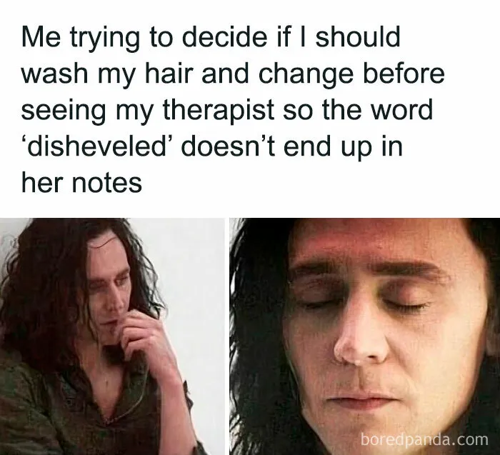 A person contemplating appearance before therapy; a funny therapy meme with disheveled hair.