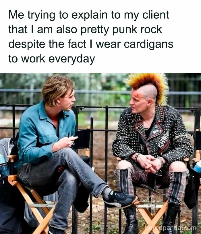 Two people sitting and talking, one in casual clothes, the other dressed in punk style. Therapy memes humor.