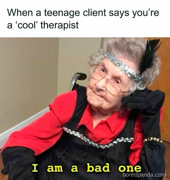 Elderly woman dressed playfully as a therapist, captioned humorously about being a 'cool' therapist, highlighting therapy memes.