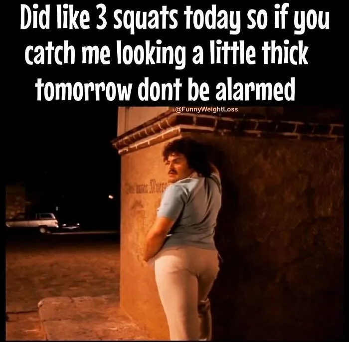 Man posing humorously in a tight outfit, highlighting dieting frustrations in a funny meme.