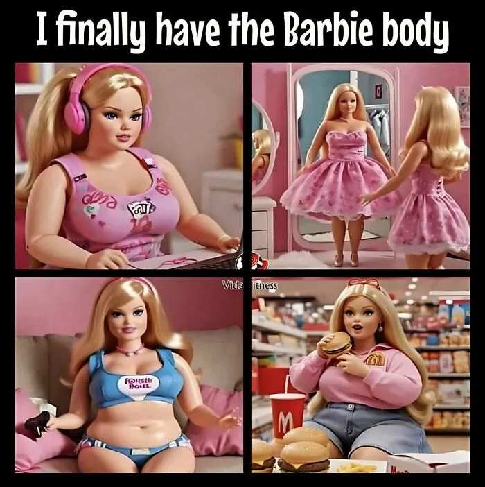 Barbie memes humorously depicting dieting frustrations and body image with various outfits and settings.