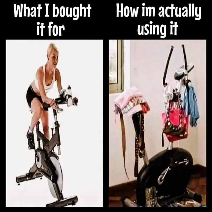 Exercise bike meme illustrating dieting frustrations; one side shows it in use, the other as a clothes rack.