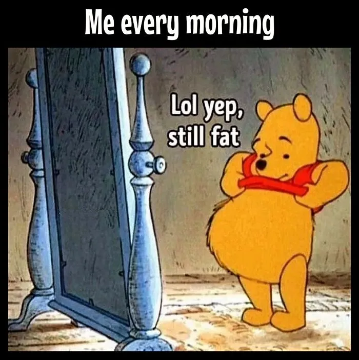 Cartoon bear in front of mirror with the text "Lol yep, still fat," capturing dieting and weight loss frustrations humor.