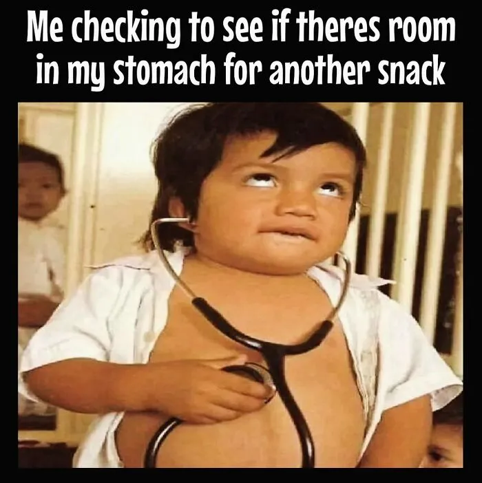 Child mimicking a doctor, humorously checking their stomach with a stethoscope, capturing dieting frustrations.