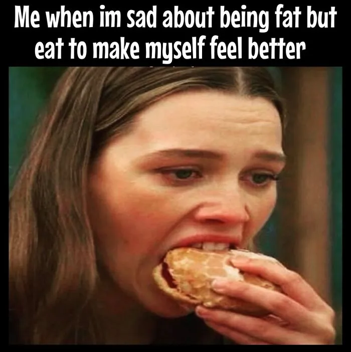 Woman eating donut with caption about dieting frustrations, highlighting emotional eating during weight loss struggles.