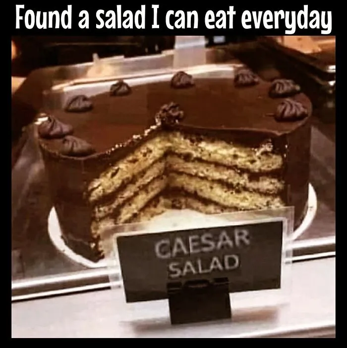 Chocolate cake labeled as "Caesar Salad" humorously captures dieting frustrations.