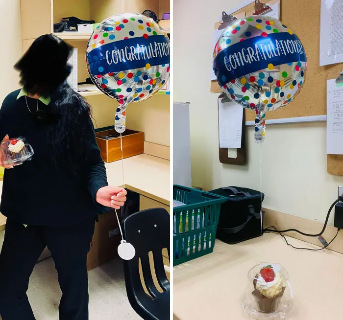 Person holding a "Congratulations" balloon and cupcake; office setting humor with good-funny-bosses theme.