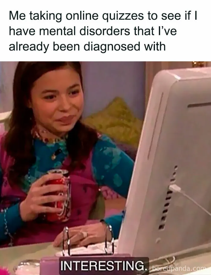 Person smiling at a computer screen, holding a can, captioned about mental disorders diagnosis quizzes.