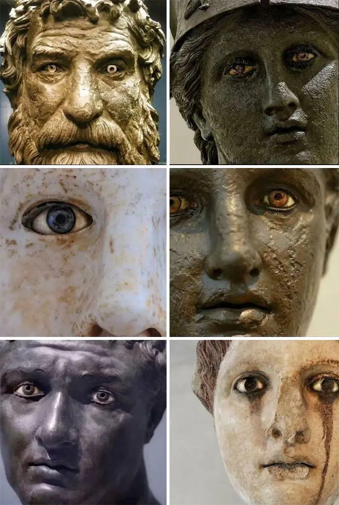Gazes From Greek Statues, All Around 2,000 Years Old. The Different Eye Colors Were Achieved By Using Paint Or Different Colored Gems
