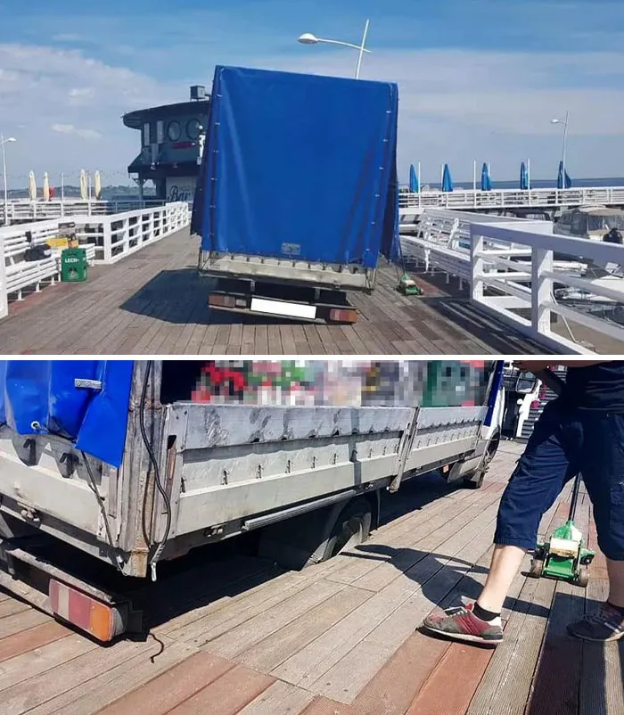 This Guy Ignored No Entry Sing And Drove On Wooden Pier, Because He Was Too Lazy To Carry Stuff On His Dolly. Pier Has To Be Closed For Structural Inspection