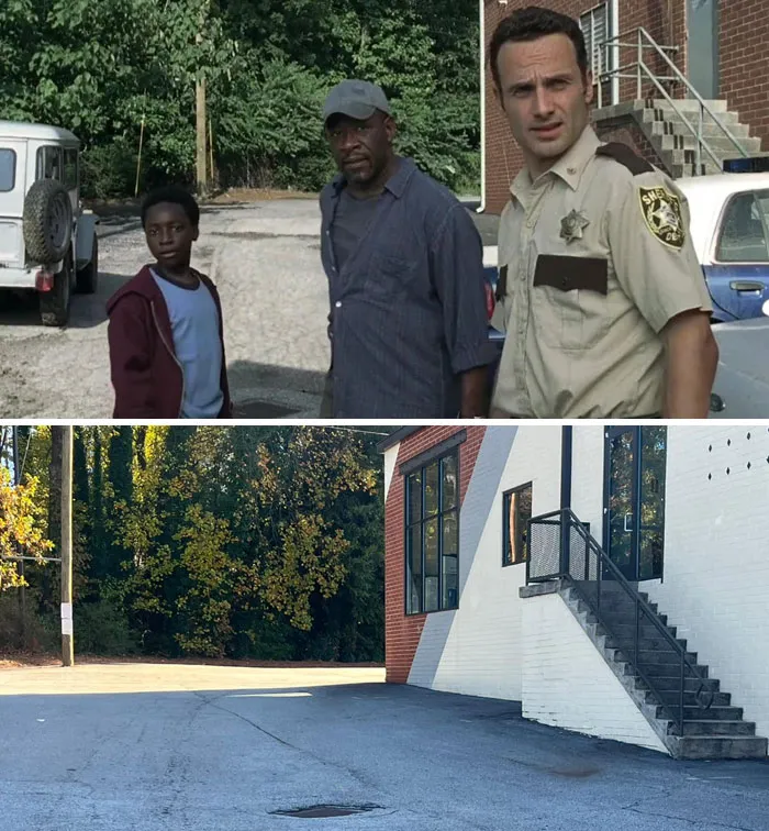Famous movie locations with actors on set and a quiet urban street background.